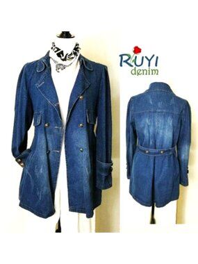 Denim Blue Cotton Ripped Style Trench Jacket Coat Collar Pockets Double Breasted